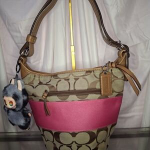 Coach "09" Brown and Pink Shoulder Bag with Signature Monogram
